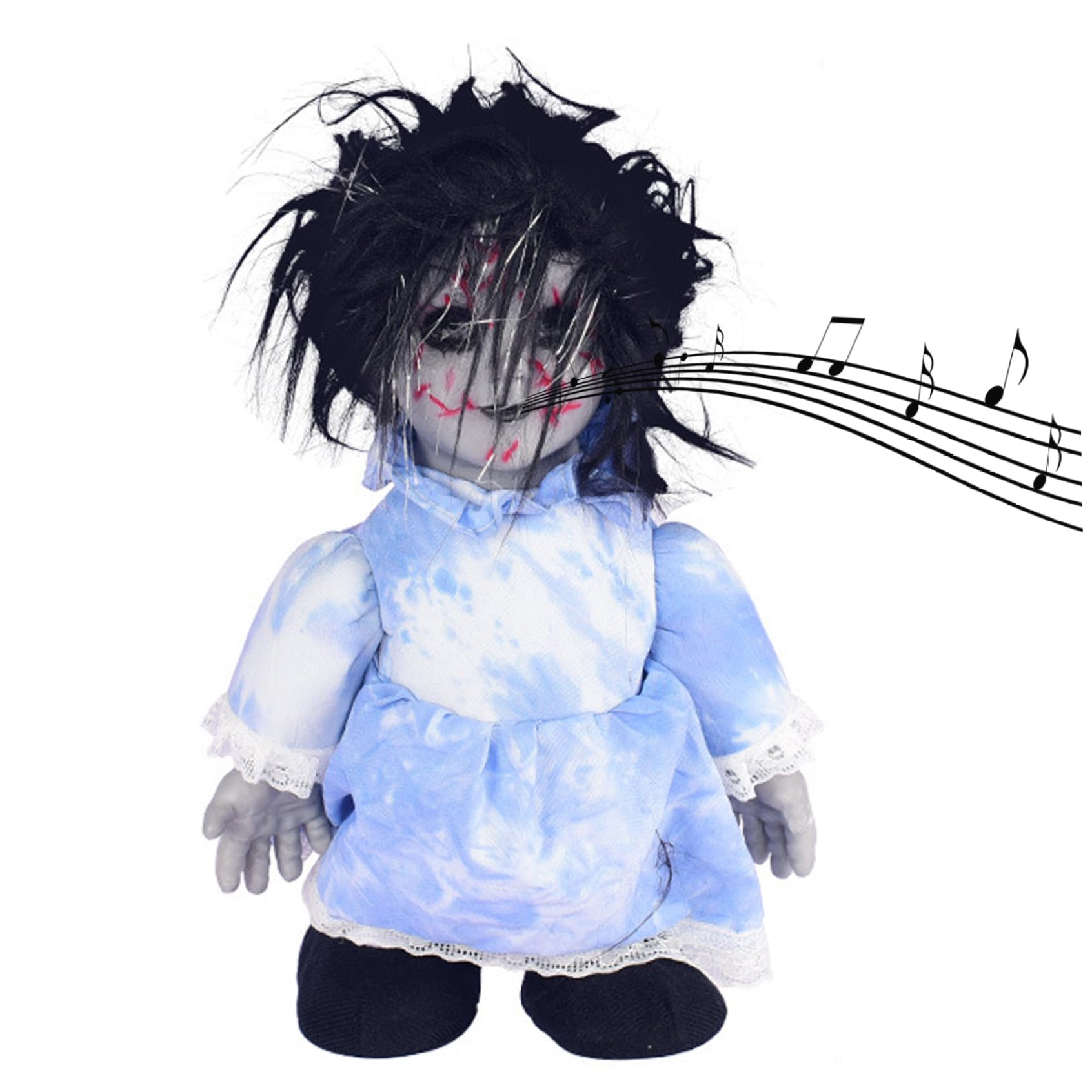 Vervevum Halloween Scary Doll 13.39x7.48inch Voice-activated Battery Powered Creepy Dolls Halloween Prop for Party Haunted House, Battery Not Included, Blue, Haunted Doll