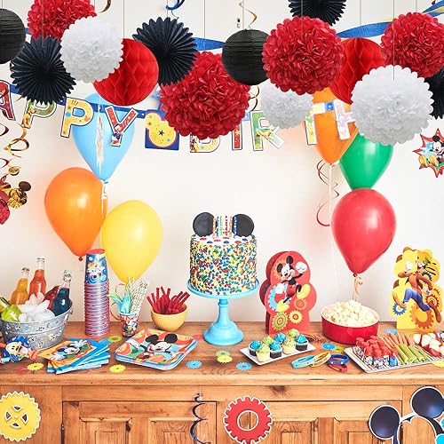 Miniatura 4 de Decoraciones de fiesta de color rojo, blanco y negro, 16 unidades, pompones de papel, bolas de panal, faroles, abanicos de pañuelos para temática de