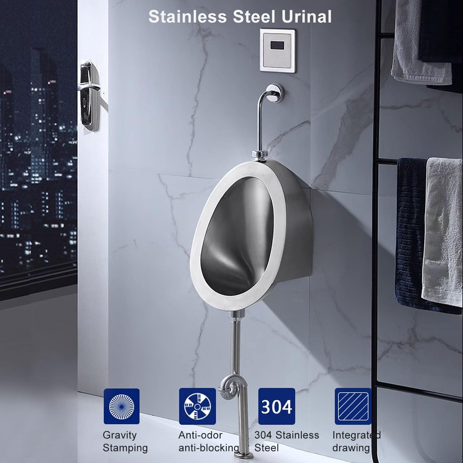 Orinatoio in Acciaio Inox, Scarico, Sospeso, WC Maschile per Hotel, Ristoranti, Scuole - Orinatoi da Parete con Rilevamento Automatico, WC Pubblico Commerciale per Uomo Adulto,External