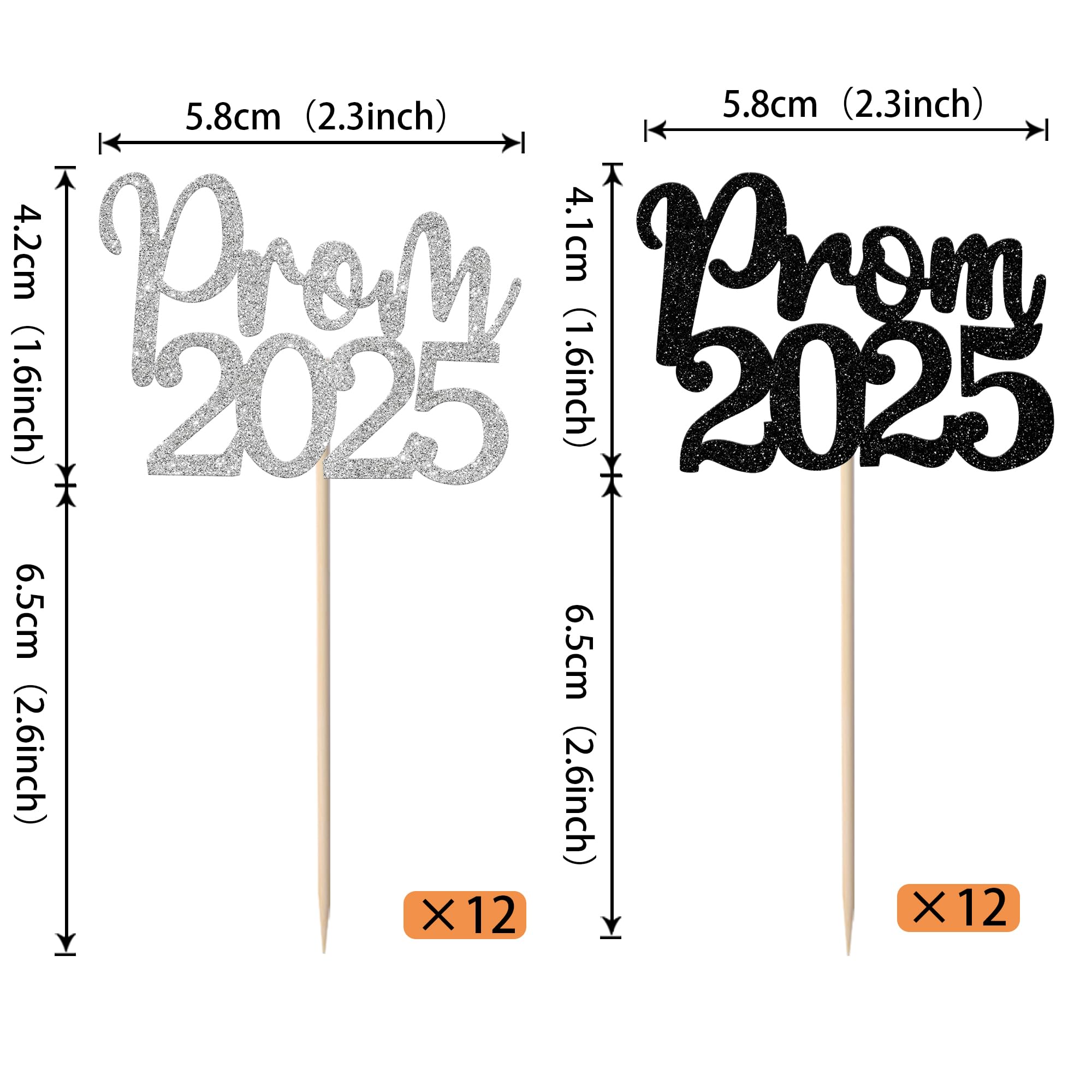 24 Pack Prom 2025 Graduation Cupcake Toppers Glitter 2025 Prom College Cupcake Picks for Congrats 2025 Graduation Class of 2025 Theme School Party Cake Decoration Supplies Black Silver