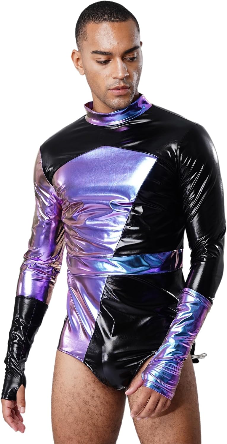 FEESHOW Shiny Metallic Mens Bodysuit Stand Collar Long Sleeves Jumpsuit + Arm Sleeves for Party