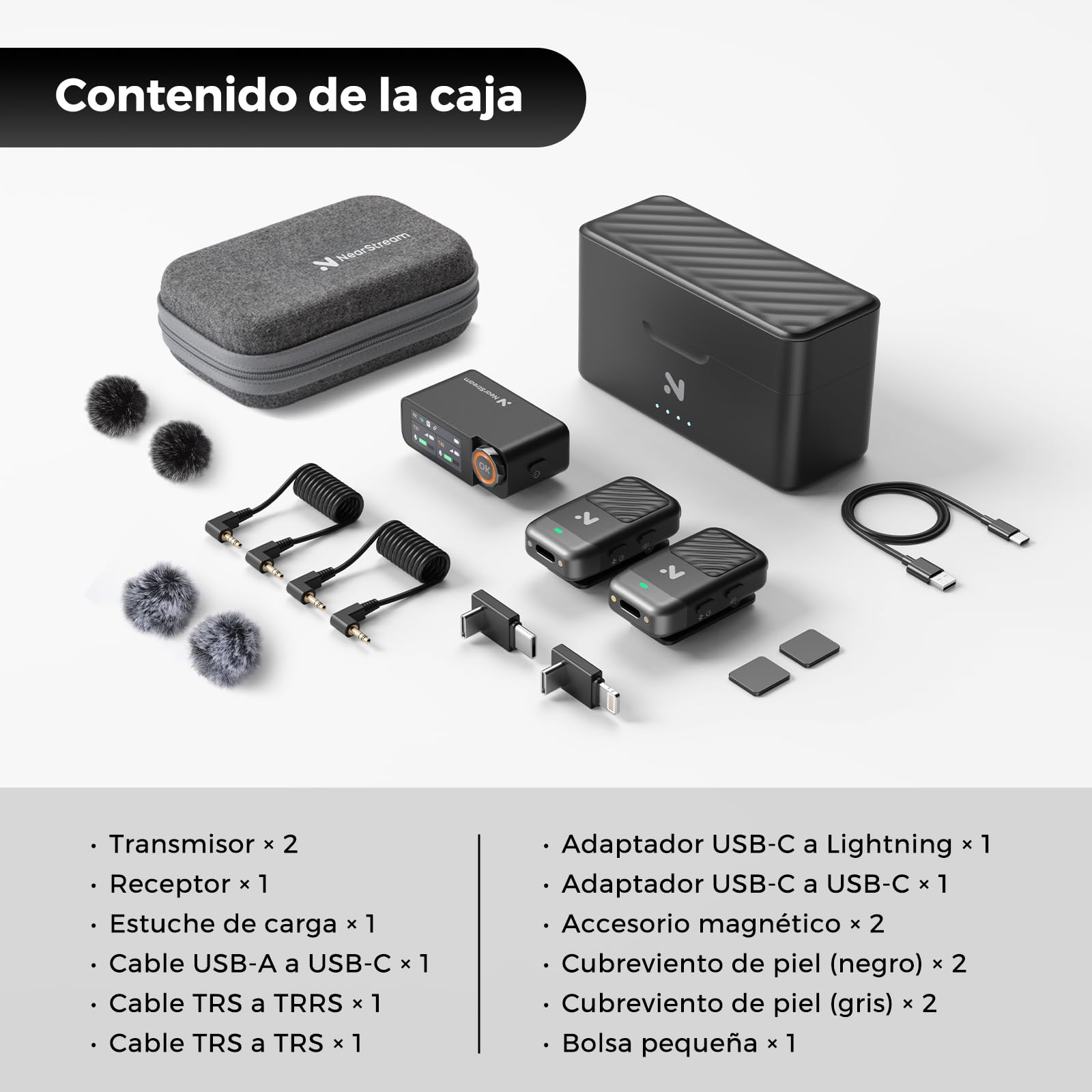 NearStream Micrófono de Solapa Inalámbrico para iPhone/Android/Cámara/PC | 3 Modos de Audio (Mono, Estéreo, Pista Seguridad), Cancelación Ruido IA, 48kHz/24-bit, Batería 54H, Alcance 100m,Alcance 100m