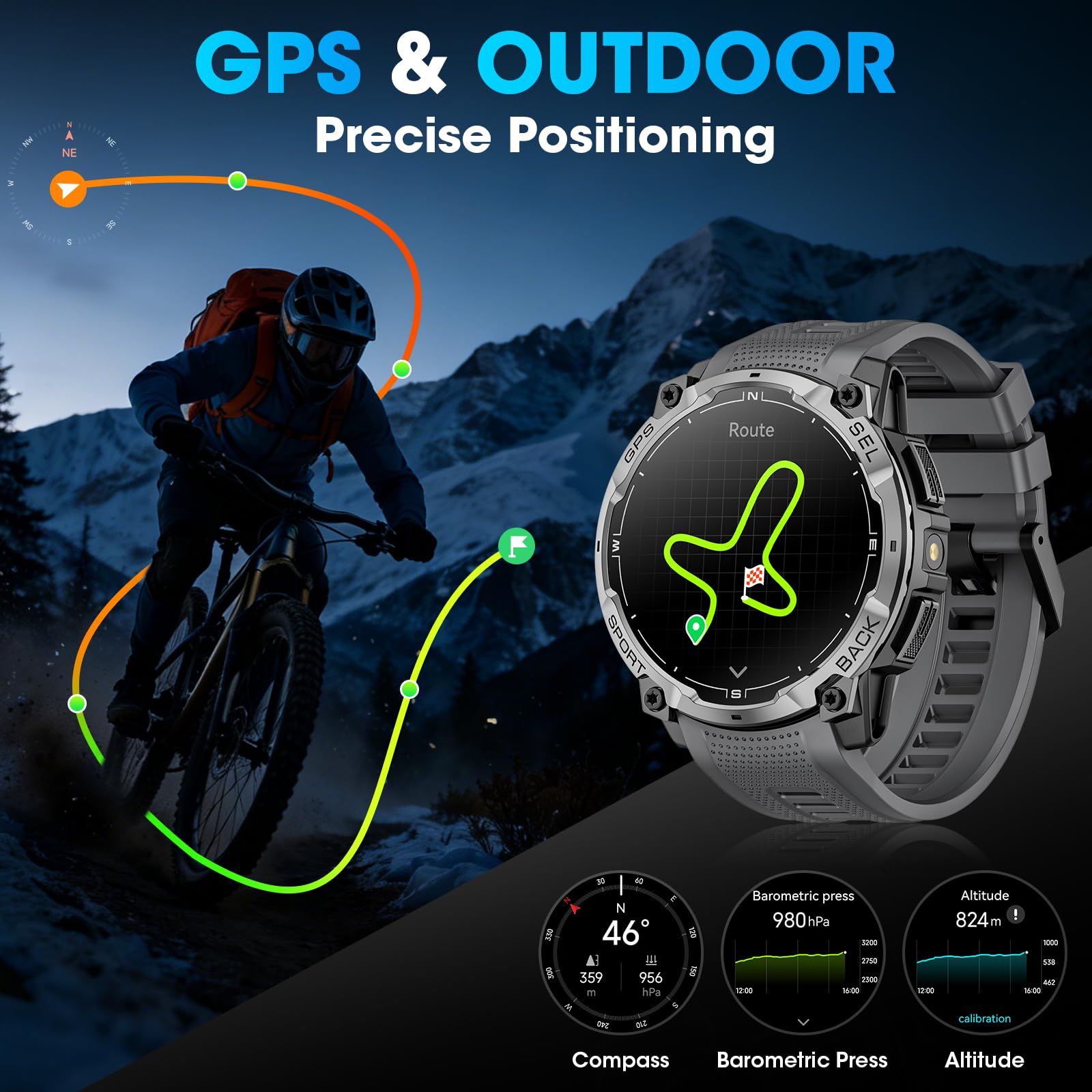 Montre intelligente militaire pour homme avec GPS, montre tactique AMOLED HD de 3,6 cm avec appel Bluetooth, lampe de poche LED, boussole, plus de 100 modes de sport, traqueur de fitness