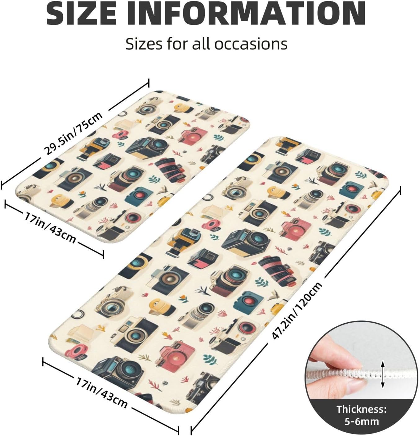 Retro Camera Print Kitchen Rugs Sets of 2 Non Slip Washable, Anti Fatigue Kitchen Mats for Floor, Home Decor