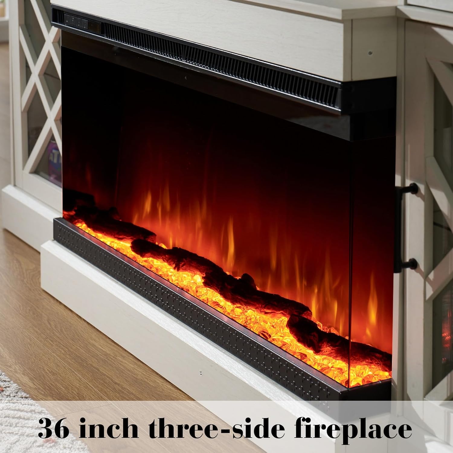3-Sided Farmhouse Fireplace TV Stand for TVs up to 80'', 12 Color Entertainment Center Console Table with LED Glass Door Storage Cabinet, 70'' Large TV Stands with 36" Fireplace,White+Barnwood