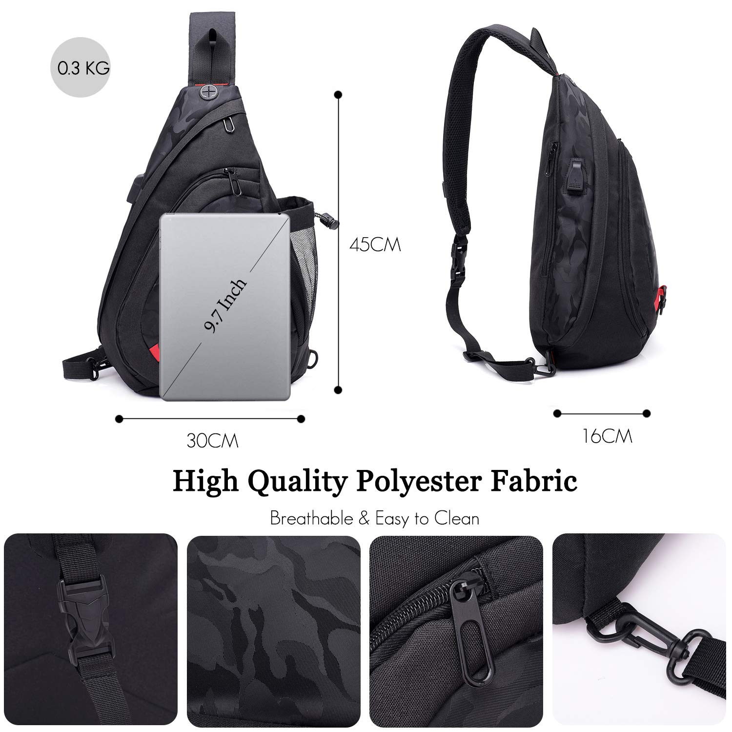 FANDARE Leggero Zaino Monospalla Sling Bag Borsa a Spalla Uomo Donna Borsello a Tracolla con USB per Scuola Outdoor Sportiva Ciclismo Viaggio Hiking Camping Crossbody Backpack Durevole Poliestere