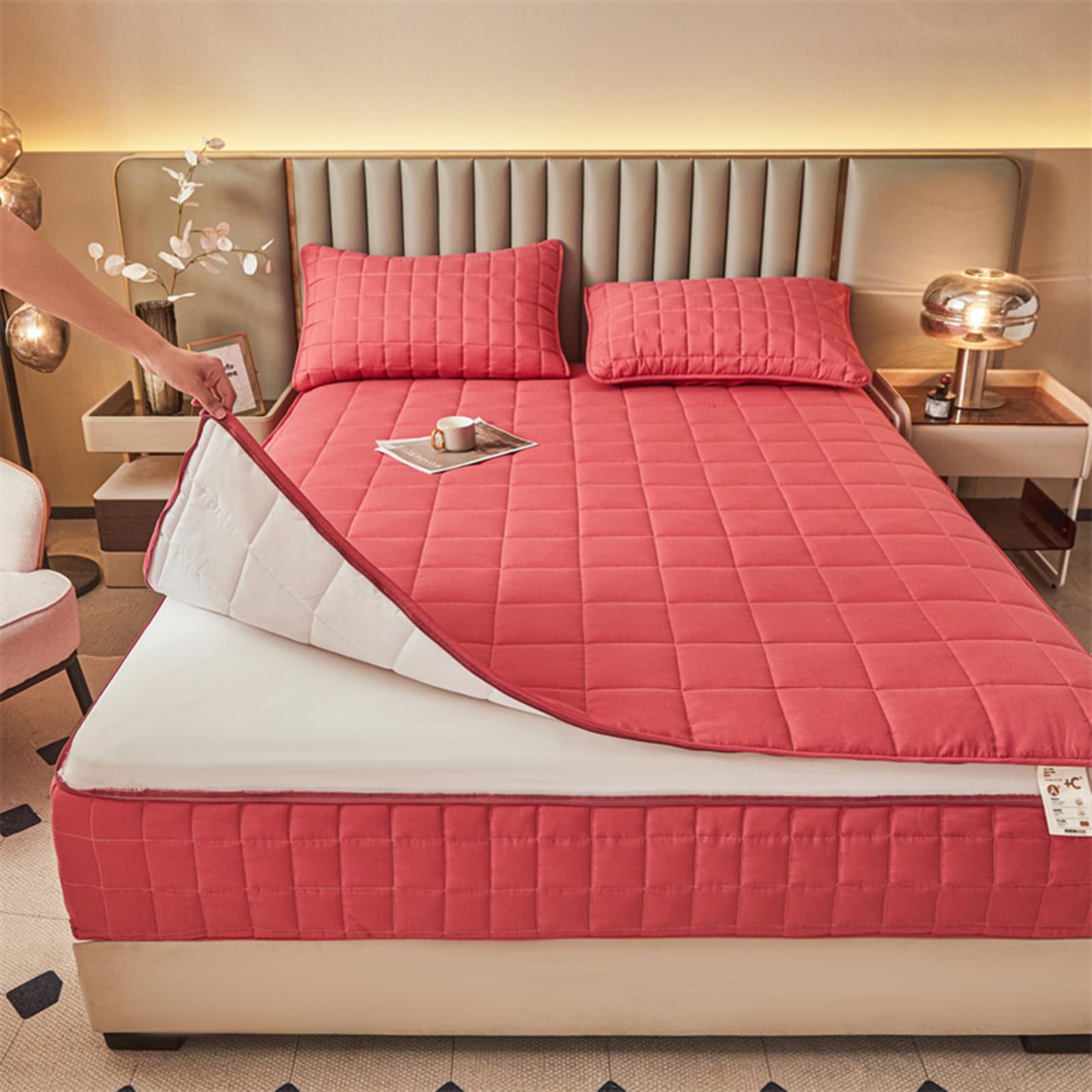 Protège-matelas imperméable rouge – Housse matelassée à fermeture éclair pour 135 x 190 cm Convient aux tailles 140/160 x 190 cm et amovible, parfait pour le rangement et la protection des