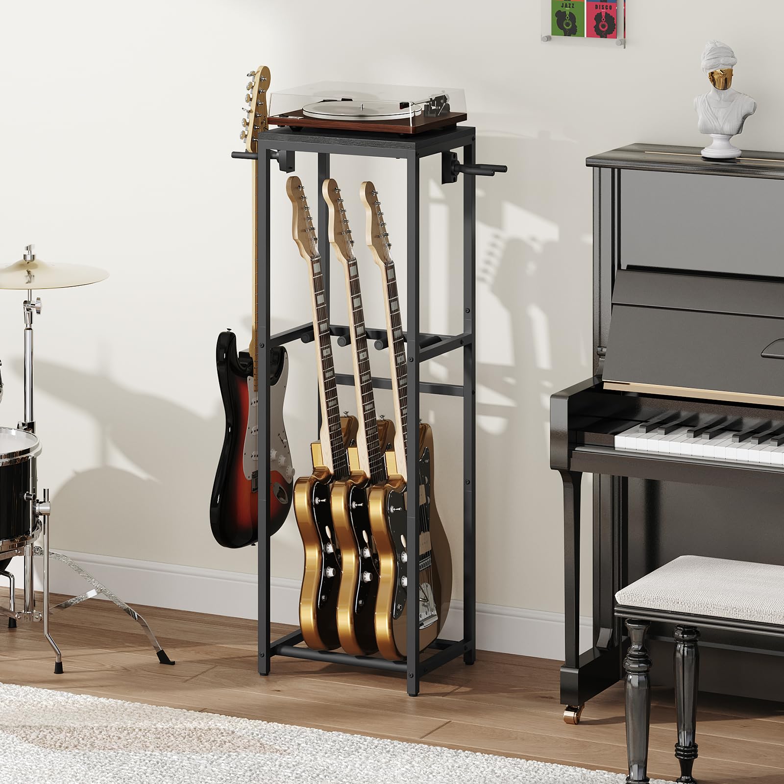 MAHANCRIS Supporto Porta Chitarre a 2 Livelli per 3 Strumenti, Chitarre Acustica, Elettrica, Bass, Ukulele, Banjo. con Ripiano per Accessori, Protezione in EVA, Nero AGSBK6301