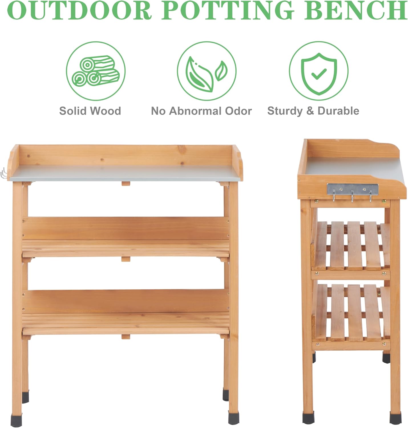 Wooden Potting Bench Table, Outdoor Garden Table Work Bench with Shelf, Workstation for Outside Lawn Patio