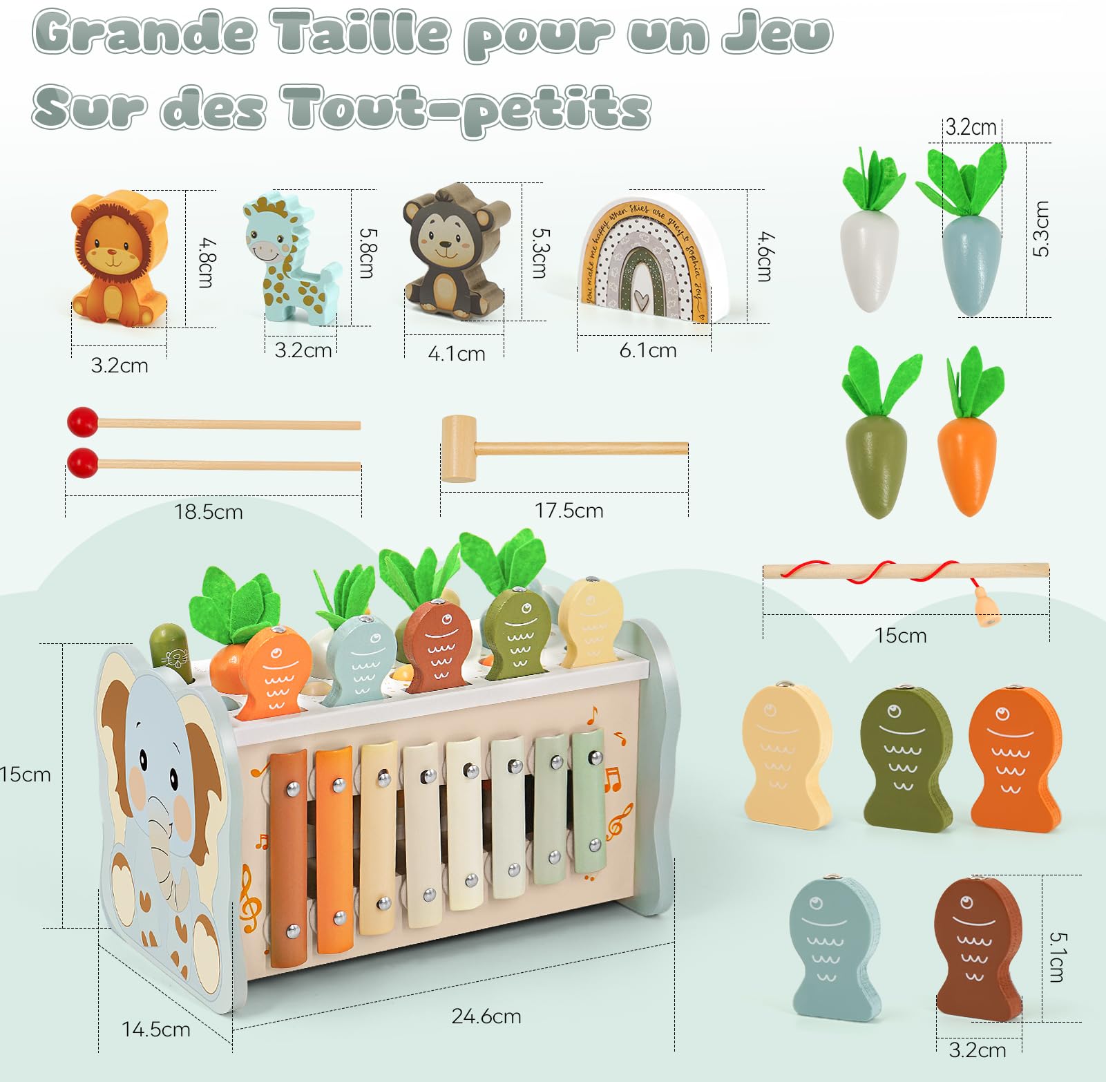 Jouet Montessori 1 an 6 en 1 Bois Bebe avec Xylophone, Jeu de Taupe, Pêche, Engrenage, Cadeau Anniversaire Noël 1 2 3 Ans Garcon Fille