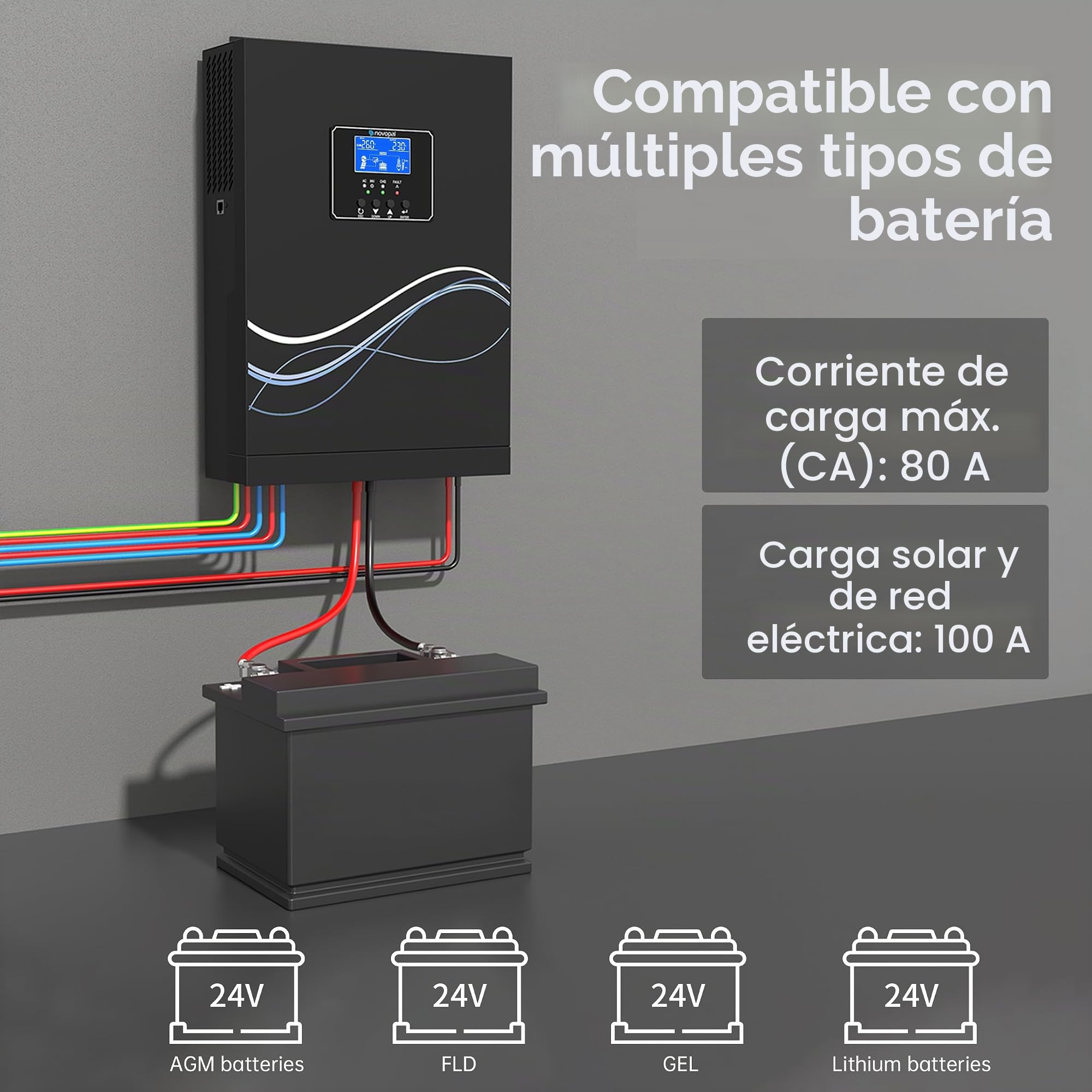 novopal® Inversor híbrido 3500 W, 24 V CC a 220 V/230 V CA, inversor solar puro con regulador MPPT 100 A, PV 500 V CC, compatibilidad baterías plomo y litio 24 V