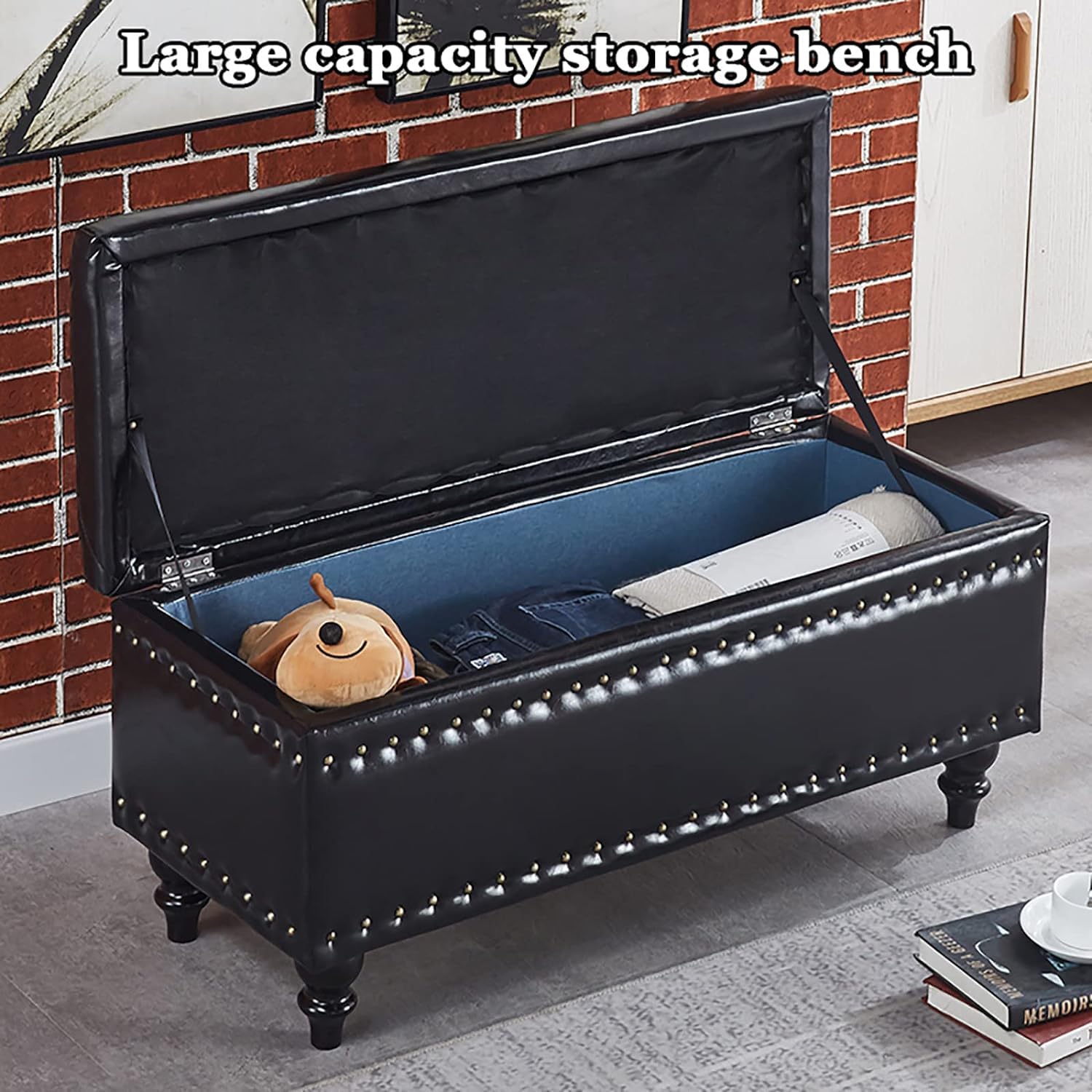 Pouf de rangement rectangulaire rembourré en cuir synthétique, banc de rangement rembourré confortable, banc à chaussures d'entrée, carreaux, 100 x 40 x 45 cm