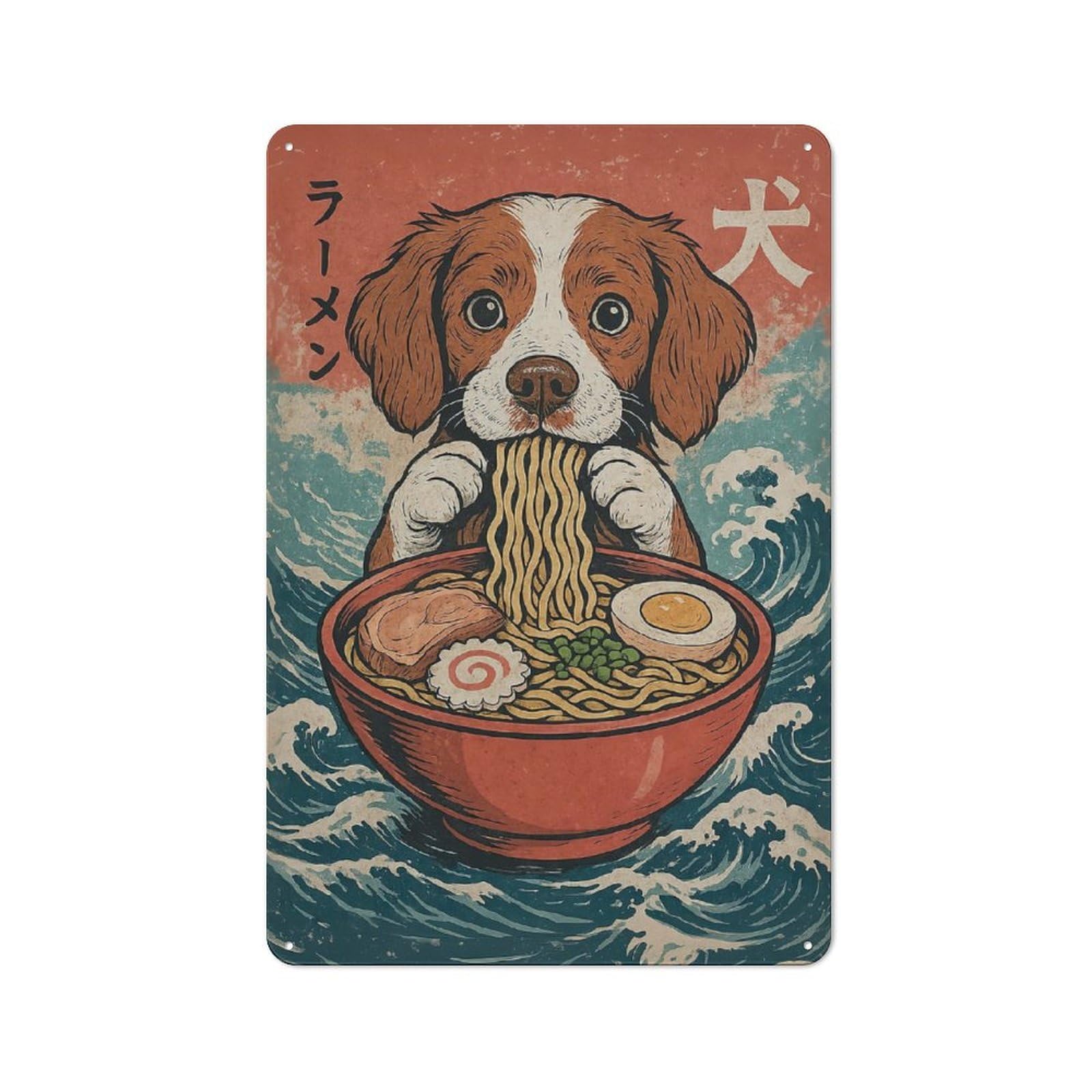 Junmoney Style-11 Retro Metal Sign With Brittany Spaniel Eating Ramen Design 30X20cm, Retro Old Style Wall Plaque For Kitchen, Hallway, Bar Or Small Cafe