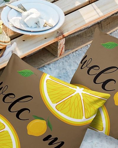 Miniatura 3 de Juego de 2 fundas de almohada impermeables de limón para exteriores para muebles de patio, decoración de frutas de verano, plantas, hojas verdes y