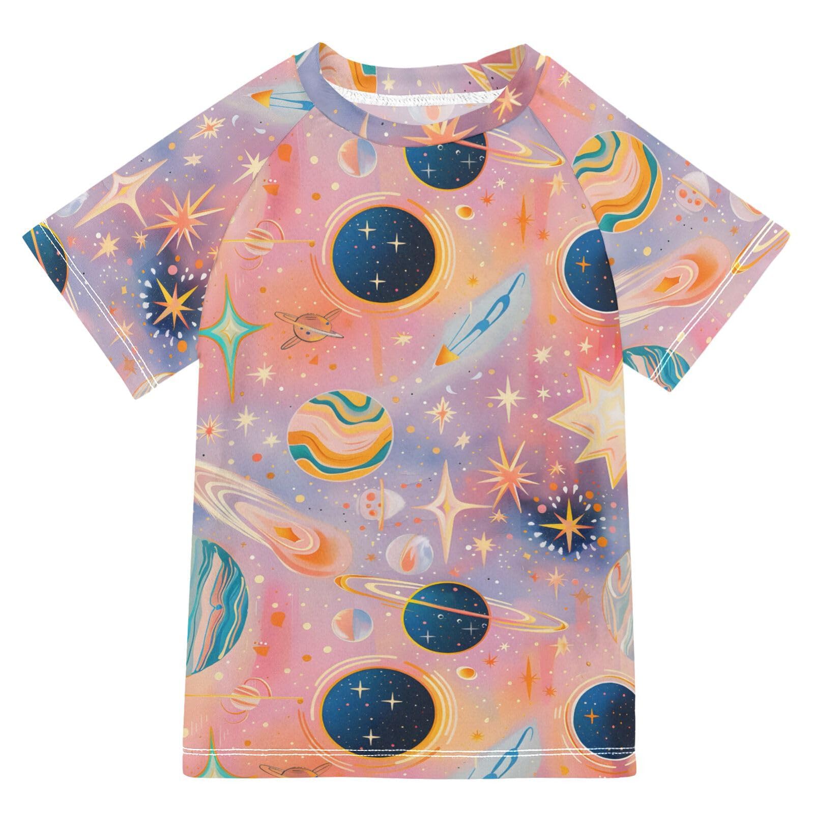 ALAZA Kids Rash Guard Boys Toddler Swim Shirts Short Sleeve Gouache Cosmic Planets Galaxy UPF 50+ 3T