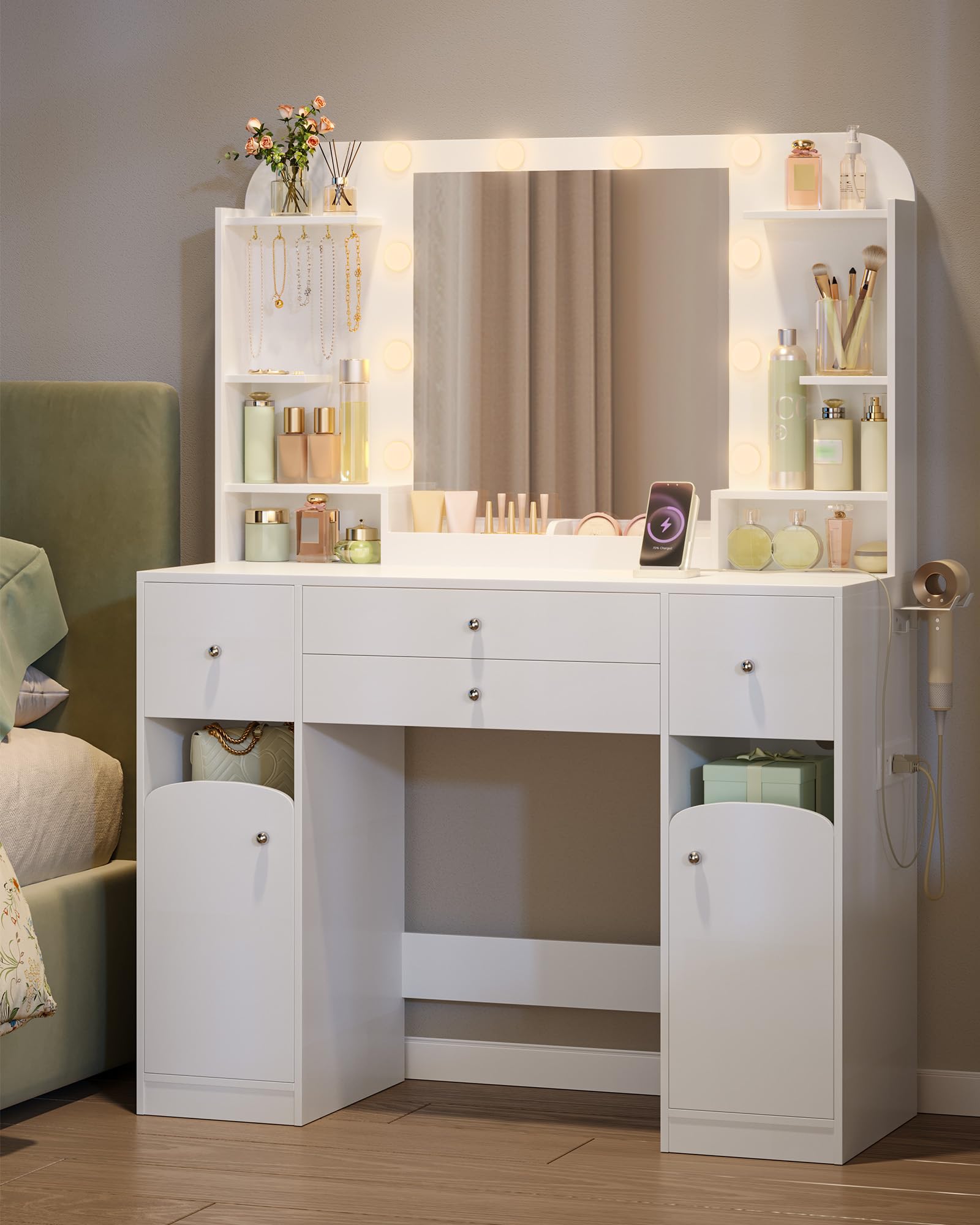 Hzuaneri Vanity Desk with Mirror, Makeup Table with Adjustable Brightness Light, Charging Station, 4 Drawers and 2 Open Cabinets, 5 Jewelry Hooks, Open Compartments, White DT41503XCA