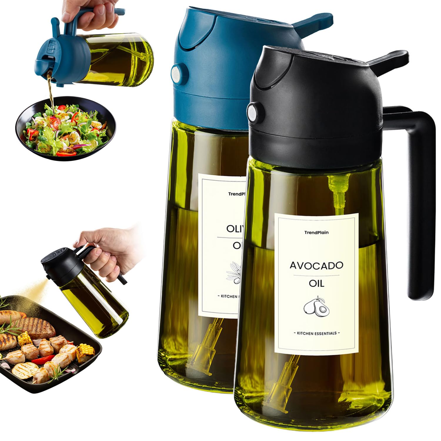TrendPlain - Original 16oz/470ml Olive Oil Dispenser Bottle for Kitchen Gadgets and Air Fryer Accessories - Olive Oil Sprayer for Cooking w/Stickers - Black&Navy