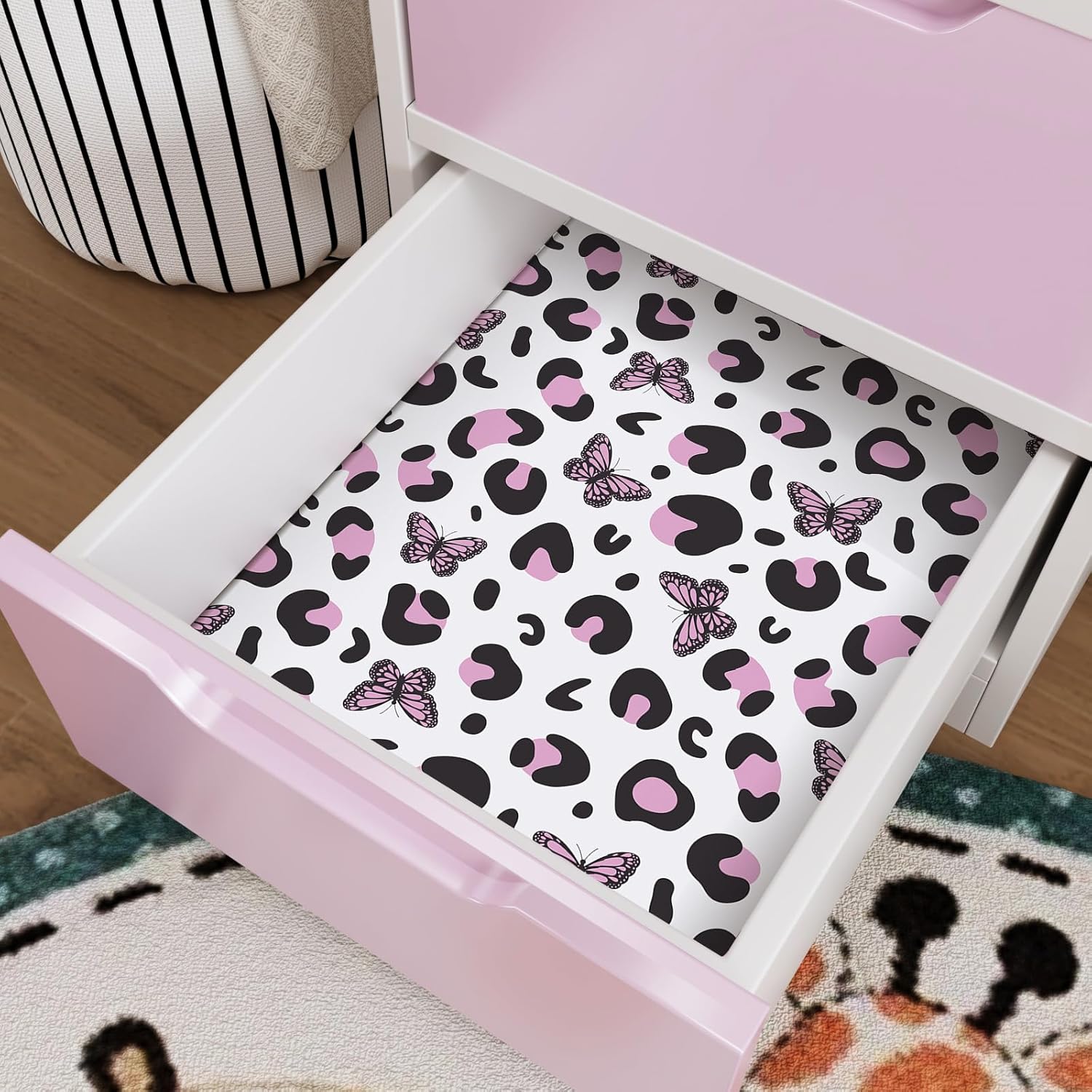 CRE8TIVE Leopard Butterfly Wallpaper Pink Peel and Stick Wallpaper for Girls Bedroom Bathroom Removable Self Adhesive Vinyl Leopard Cheetah Print Contact Paper for Cabinets Drawers Waterproof 12"x118"