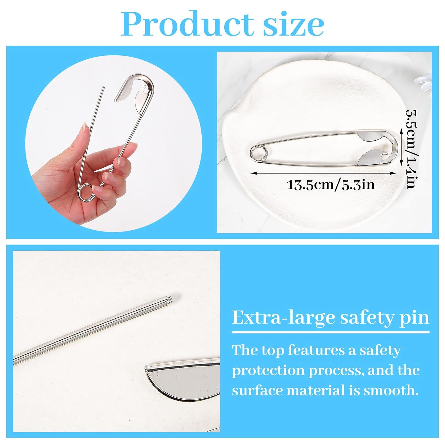 2-Pack 5.3 Inch Jumbo Safety Pins for Hair Clip Clothes, Stainless Steel Heavy Duty Giant Safety Pin Keychain Decor for Laundry, Blanket, Key Rings, Keychains, Fashion, Crafts, Outdoor Gear