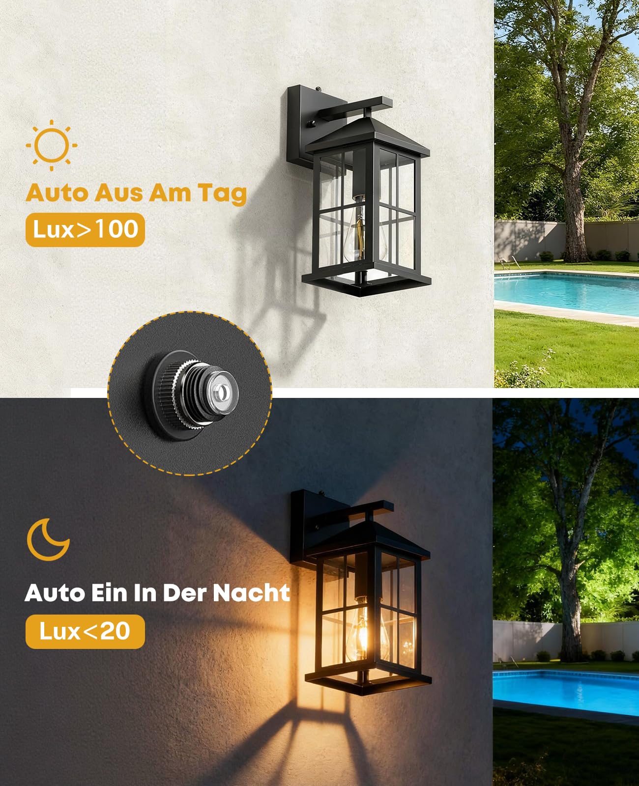 Aussenleuchte mit Dämmerungssensor, Groß Aussenlampe Wand mit Dämmerungssensor Wandleuchte für Außen mit Klarglasschirm E27 Ausenbeleutung Hauswand für Veranda Garten