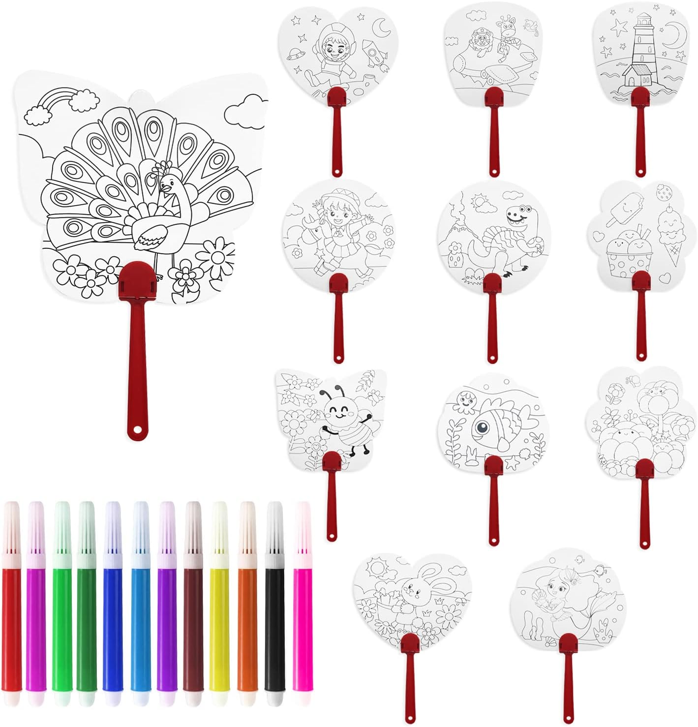 Kids Coloring Fan Set, 12 Coloring Fans + 12 Color Watercolor Pens, Blank Painting Fans for DIY Doodle Fans, Perfect for Kids Birthday Party Gifts School Nursery