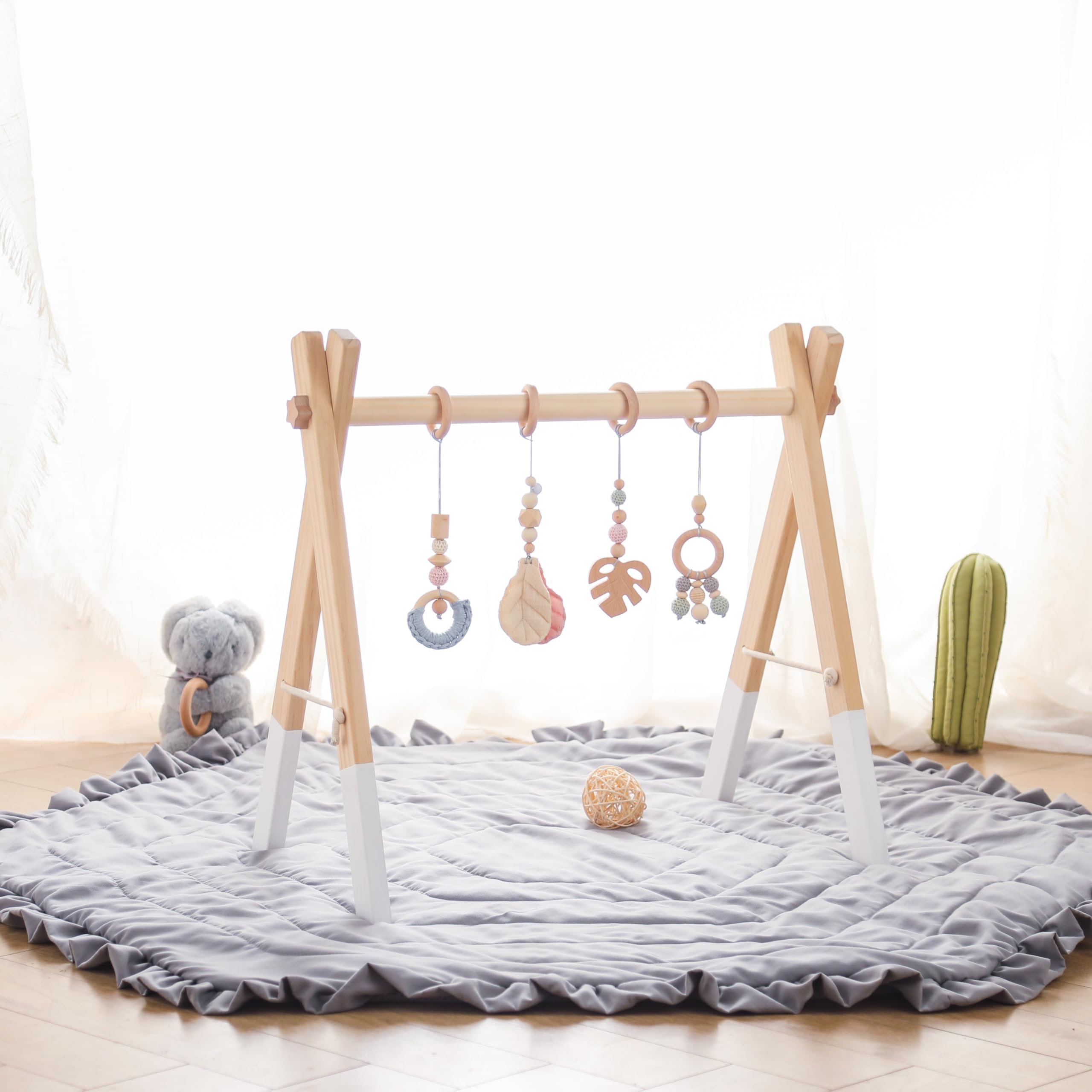 Play Arch Baby Wood Baby Gym Wood Baby Play Arch Newborn Toy Play Arch Activity Centre Baby Pink Pendant Design Detachable Play Arch Babies Wood
