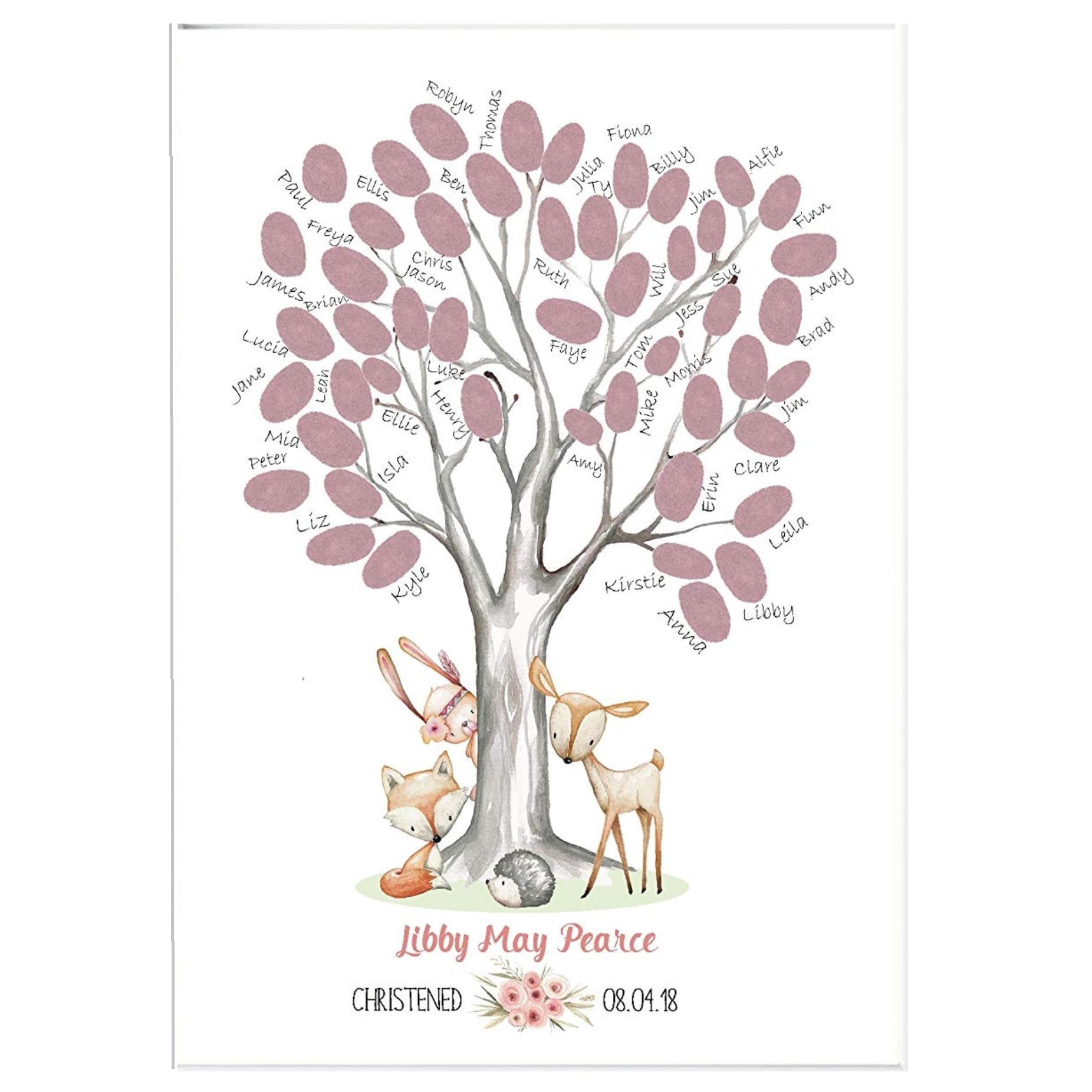 Christening Woodland Animals A4 Fingerprint Tree - Personalised Christening Keepsake Alternative To A Guest Book