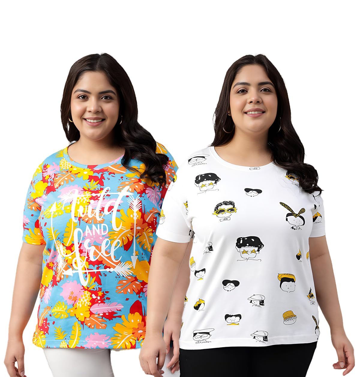 JUNEBERRY 100% czysta bawełna plus size luźny krój bez ramiączek nadruk graficzny plus size damskie koszulki połączenie 2 sztuk (2XL do 5XL)