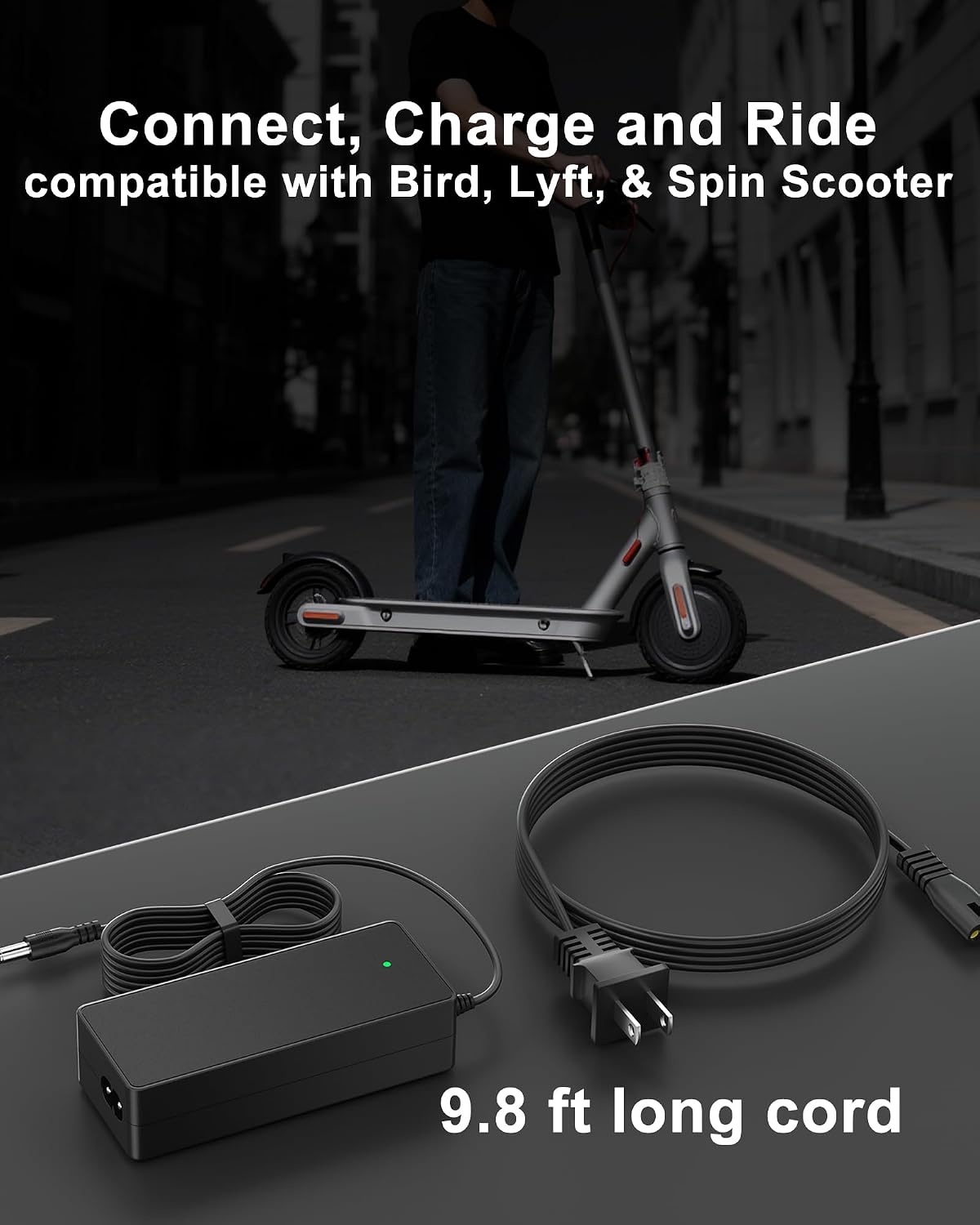 VHBW 42V Charger Compatible with Bird Scooter Charger, fits for Bird Air/Flex/One/M365, Xiaomi Mi M365, Lyft and Spin Rental Scooters, LED Indicator & 9.8Ft Long