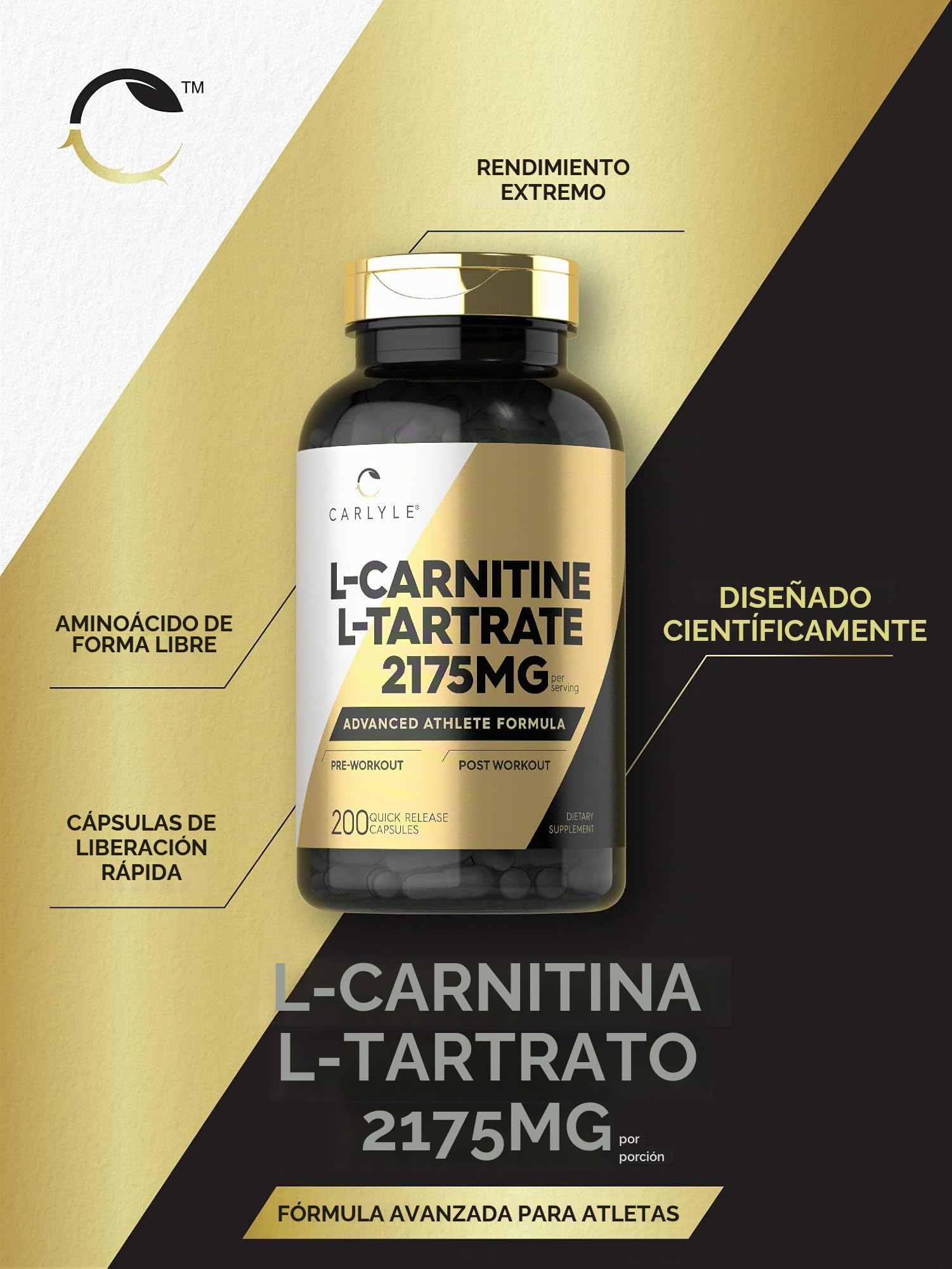 Carlyle L Carnitine Tartrato 2175mg | 200 Cápsulas | Fórmula avanzada para atletas | Suplemento previo al entrenamiento y después del entrenamiento