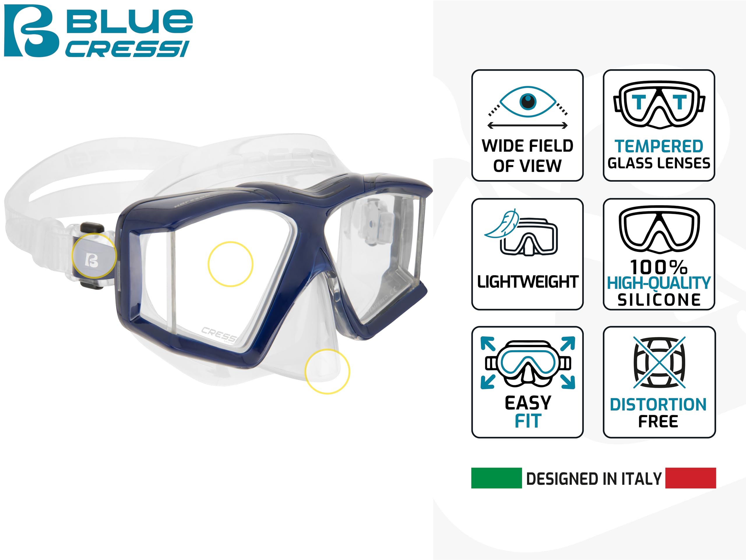 CRESSI Horizion+Scilla Combo Clear/Blue Navy - zestaw combo, maska Horizon, 4 oddzielne okulary hartowane i system zaworów suchych, fajka do nurkowania i snorkelingu, przezroczysta/niebieska granatowa