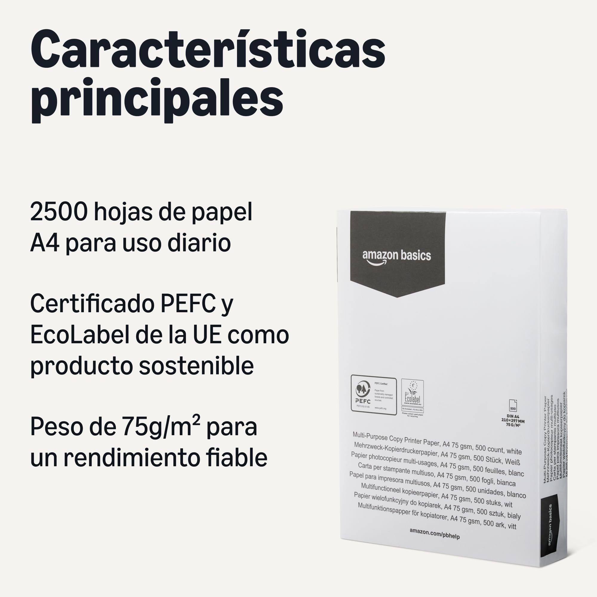 Amazon Basics Papel Multiusos para Fotocopias, A4, 75g/m², 2500 Unidades (Paquete de 5), Blanco