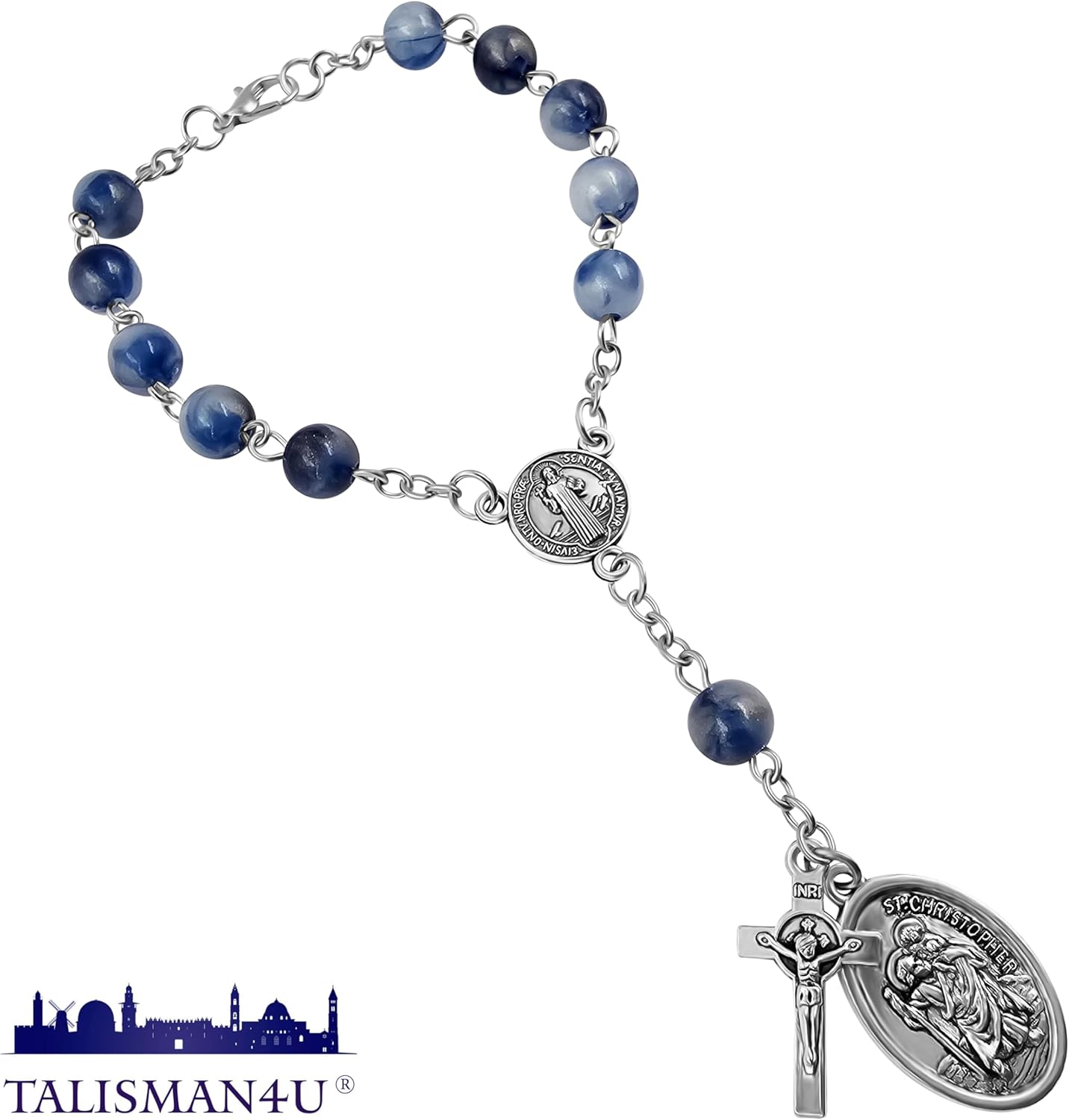 TALISMAN4U Saint Benedict One Decade Rosary for Car Rearview Mirror St Christopher Medal 8mm Glass Prayer Beads Catholic Evil Protection Auto Rosary Bracelet for Women Men - Image 4