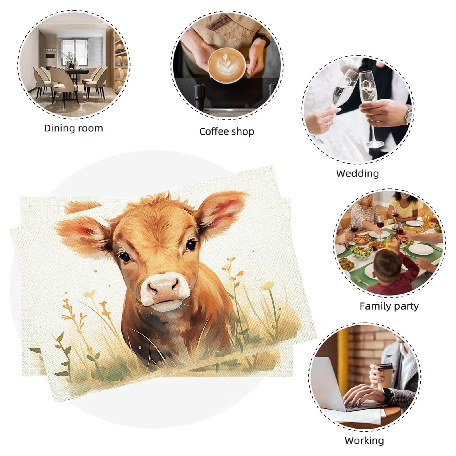 Pack de 8 Table Dessin animé en Coton et Lin, Set de décoration de Table 30×45cm pour événements, Mariage, Anniversaire, dîner, café, Cuisine, (Veau des prairies)