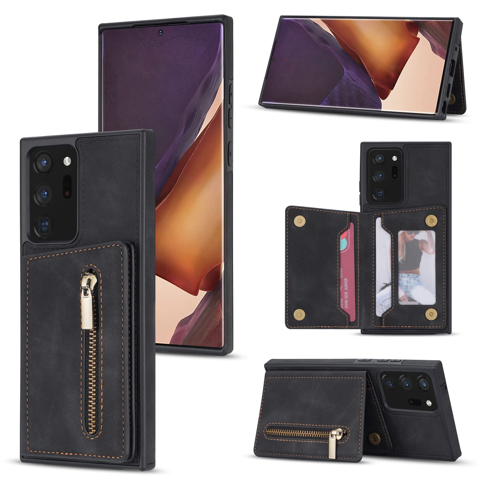 Custodia per Samsung Galaxy S22/S22+/S22 Ultra, Cerniera Custodia Portafoglio con Tasche Premium in Ecopelle Antiurto Cover Posteriore Flip TPU Protezione Case,Nero,S22plus 6.55"