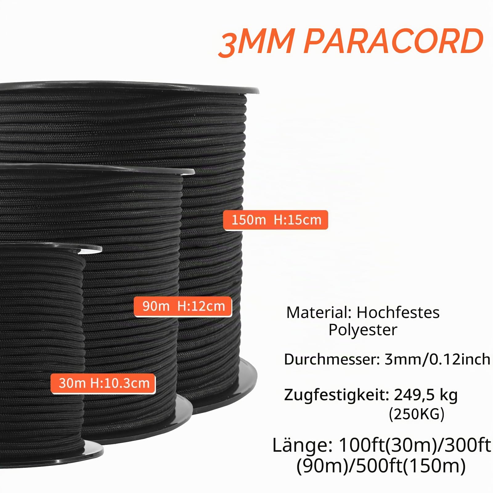 NewDoar Paracord 3mm Reepschnüre 30M/90M/150M Rolle Taktische Schnur Seil 250KG/550lbs Zugfestigkeit 7 Kerne Polyester Versorgungskabel für Outdoor Heimwerken Basteln Camping Gartenarbeit-90M/300FT
