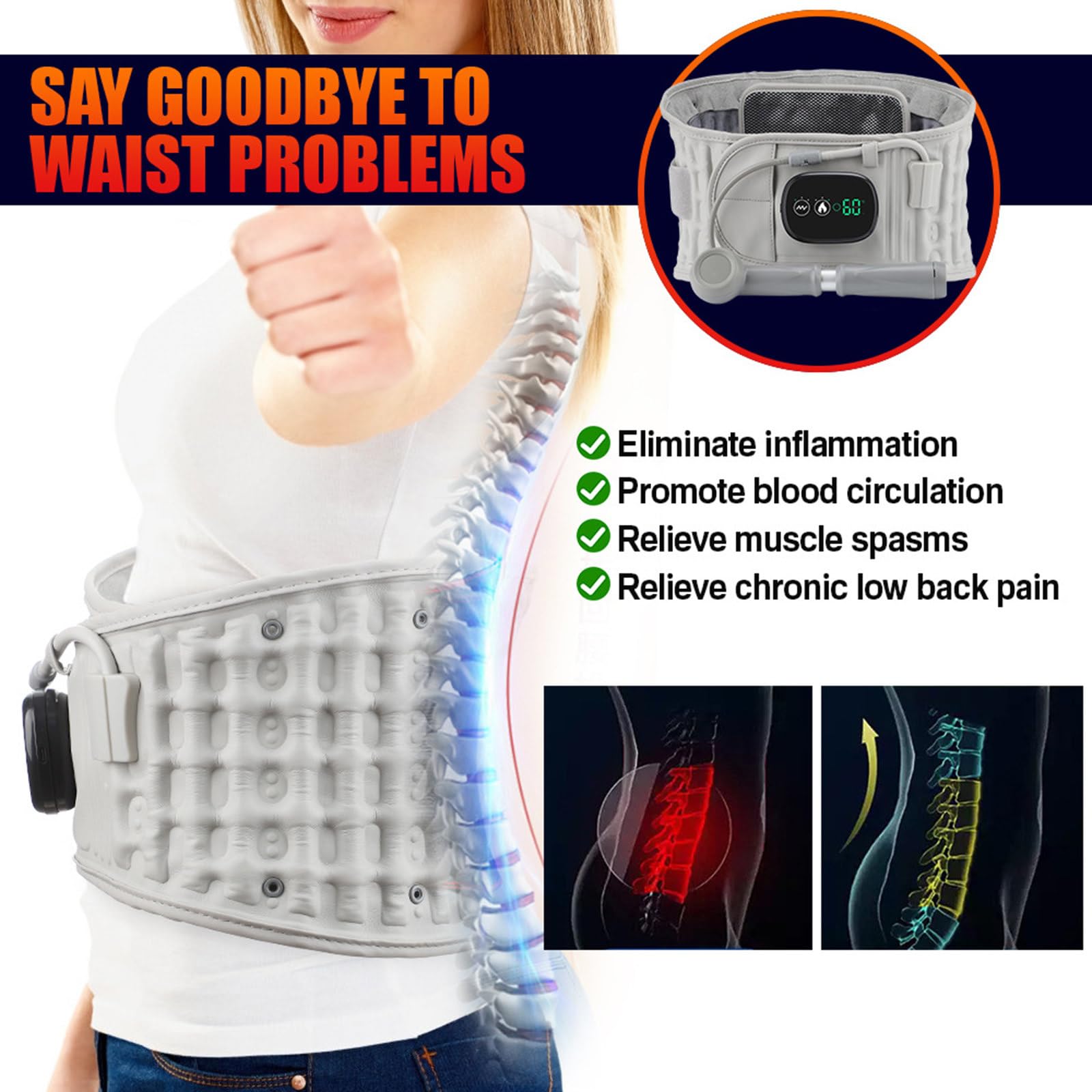 Cinturón calefactor, almohadilla térmica de cintura USB, 3 configuraciones de calentamiento para artritis lumbar, distensión, esguince, alivio del dolor de espalda baja