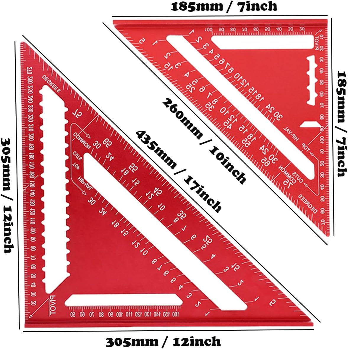 Rafter Square, Metal Square, Carpenters Square, Square Tool, Triangle Ruler, Carpentry Squares, Woodworking Square, Square Angle Tool, Aluminum Alloy Rafter Square, Red, 7'' & 12''