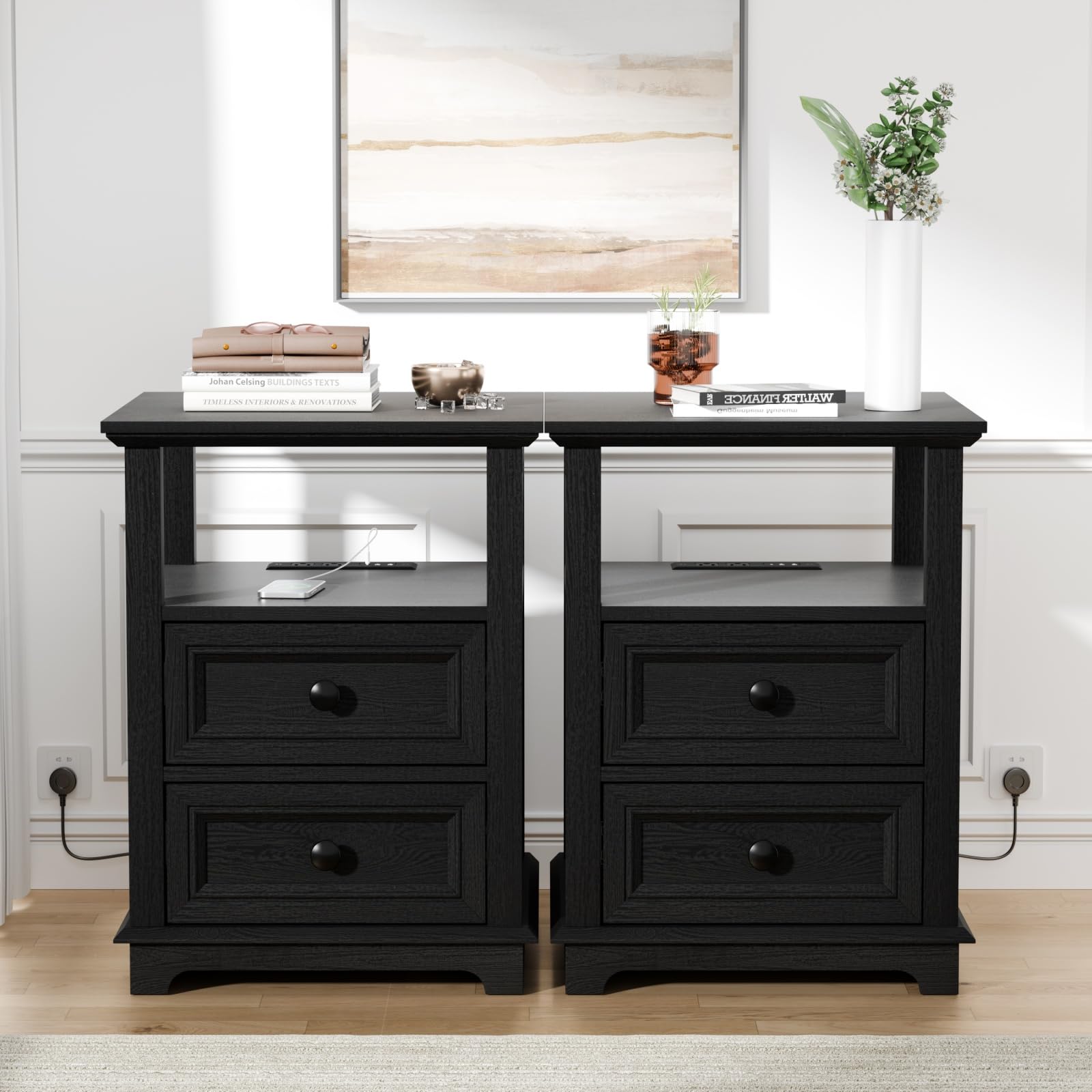 REDAYFUR End Table with Fast Charging Station Set of 2, 18" Wide Sofa Side Table with Drawers, Large Storage Rustic Wood Square Storage Cabinet for