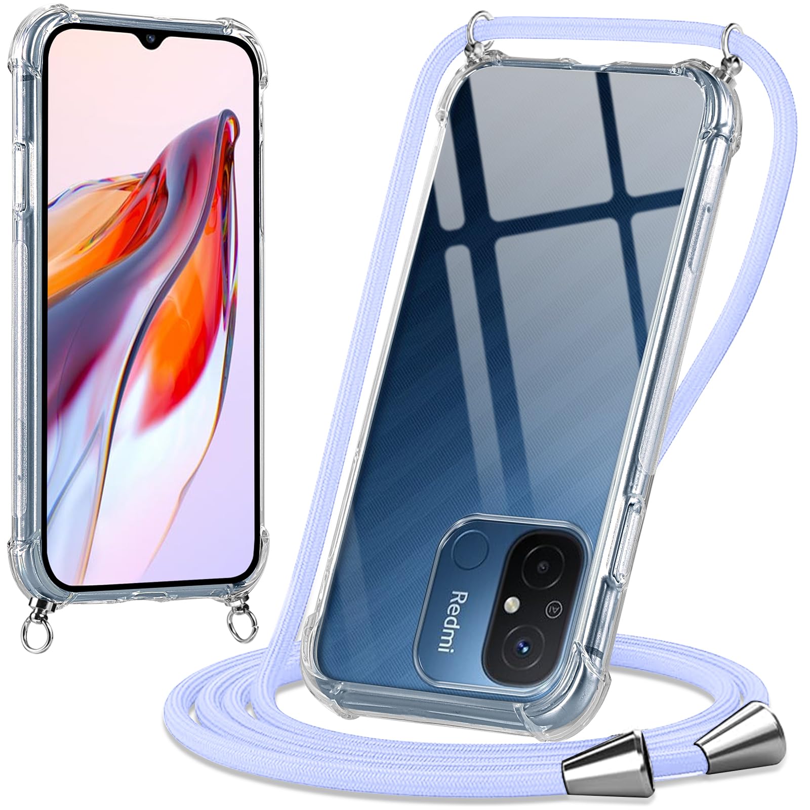 Oelrstfe Cover con Cordino per Xiaomi Redmi 12C 4G 6.71, Custodia con Corda Regolabile Girocollo Collana Tracolla Laccio, Trasparente Silicone Antiurto Cellulare Protettiva Bumper Case, Pale Purple