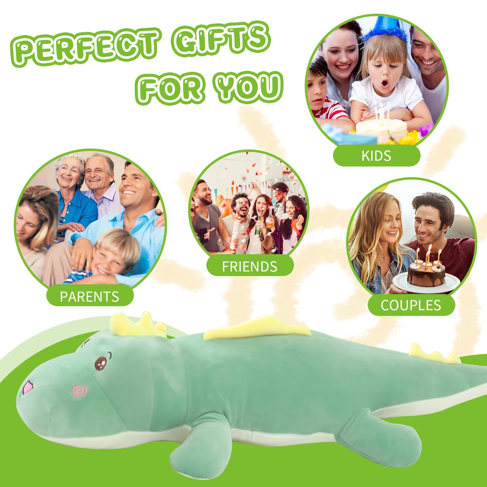 Dinosaurus Pluche Speelgoed Zacht Grote Dino Opgevulde Dieren Lichaamskussen, Schattig Lang Dinosaurus Pluche Knuffelkussen Lende Rugkussen Cadeaus voor Kinderen(60cm,Groen - Gelukkig