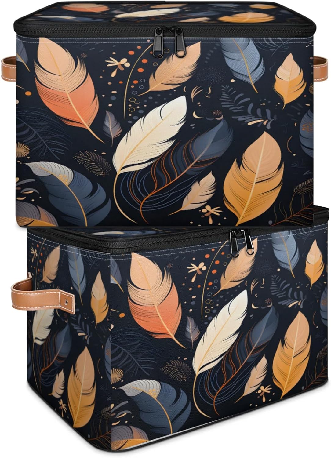 Storage Bin Set of 2 Ethnic Feathers Storage Basket with Zipper Lid & Handle Foldable Closet Shelf 2 Pack Cloth Organizer Basket Cube Bins Clothes Organizer for Nursery, Bedroom
