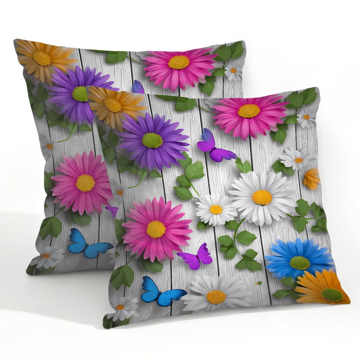 Outdoor Pillow Covers Waterproof Pillowcases 22x22in Set of 2 Spring Daisy Flower On Gray Wooden Decorative Throw Cushion Case for Couch Sofa Garden Patio Furniture