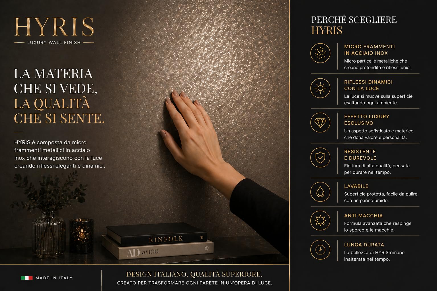 Hyris Pittura Decorativa con Micro Frammenti di Acciaio Inox - 10 | Finitura sabbiata perlata con frammenti inox, lavabile e antimuffa, per pareti e soffitti interni, resa 10/12 m² - 1 Litro