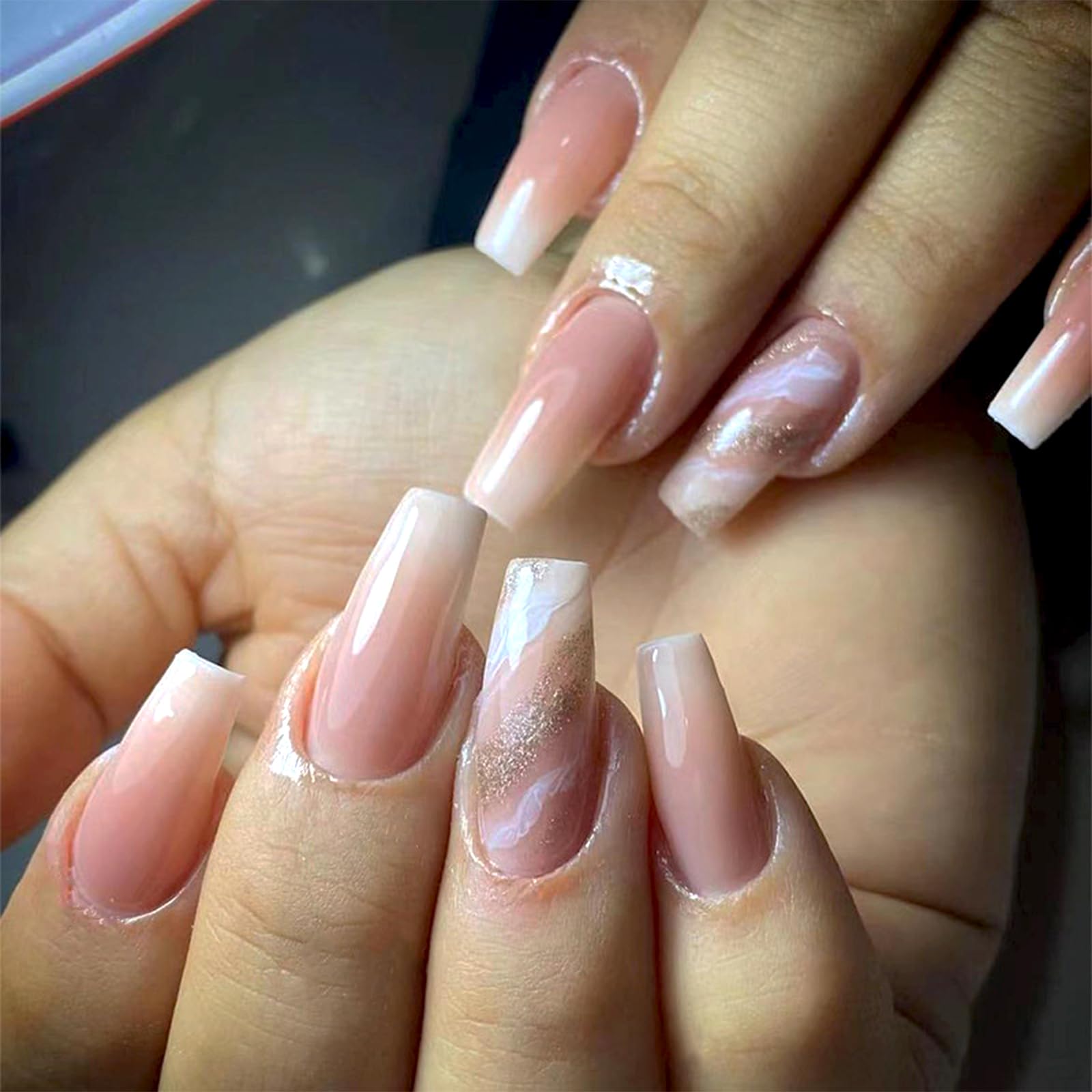 24 PCS False Nails Short - Square Shaped Gradient Pink Glitter Fake Nails - Full Cover Acrylic Stick on Nails With Glue - Nail Tips False Nails for Women & Girls (Gradient Glitter Gold)