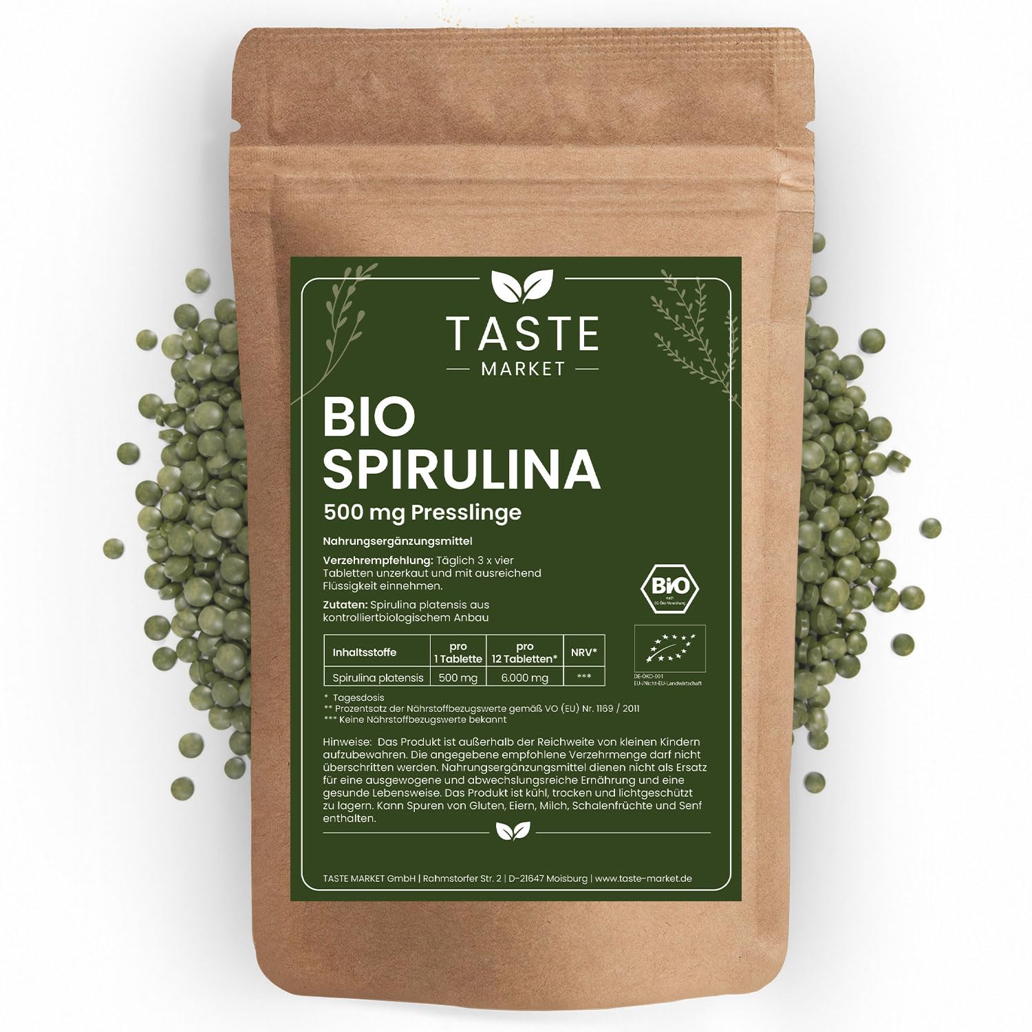 BIO Spirulina Presslinge | 3.000 Tabletten á 500mg Spirulina | 1,5 kg | 100% reine Algen Tabletten ohne Zusätze | Vegan | Taste Market