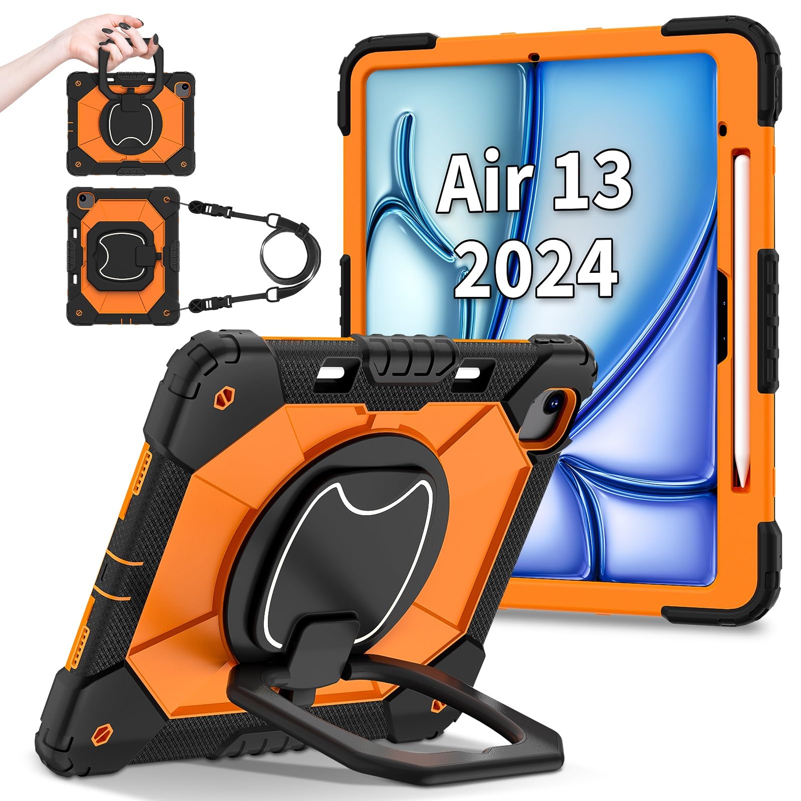 Pełne etui ochronne Etui na tablet kompatybilne z iPadem Air 13 cali M2 (wersja 2024) Wytrzymały, odporny na wstrząsy futerał ochronny z obrotową podpórką 360 + pasek na rękę + pasek na ramię do iPada
