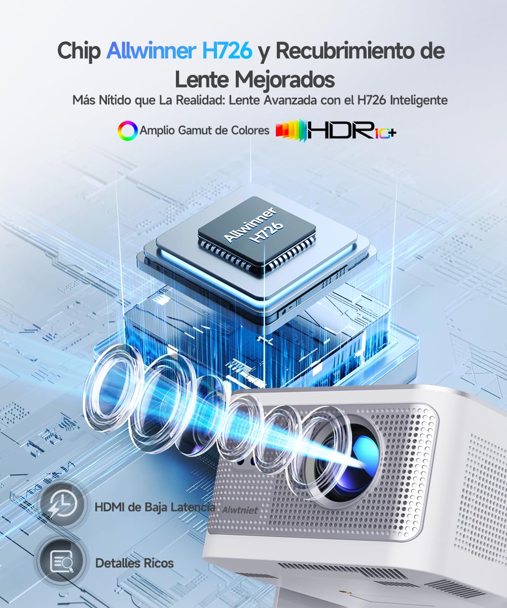 Alwtniet Proyector Portatil 4K 8K, Native Full HD 1080P Mini Projetor Android 14, WiFi 6 Bluetooth 5.4, Autoenfoque 6D Auto Keystone 180° Rotación para Cine Móvil en Casa Smart TV Tiro Ultra Corto