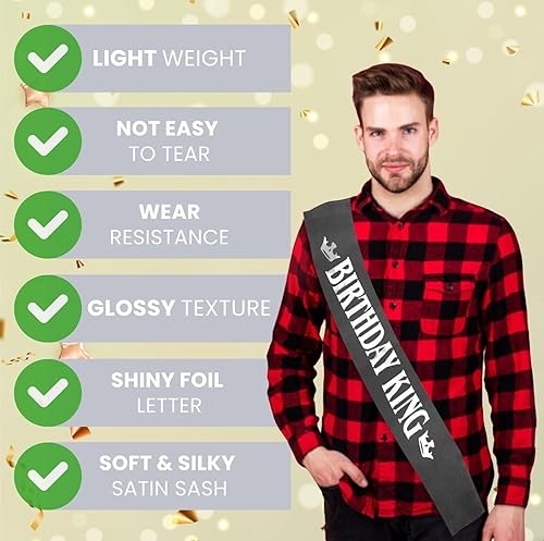 Miniatura 5 de Banda de cumpleaños King para hombres, suministros de decoración de fiesta de cumpleaños para niños (negro y dorado) - Banda de cumpleaños King,