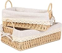 Agirlvct Handmade Wicker Storage Baskets Set of 2 with Handles & Daisy Liners - Natural Paper Rope Organizers for Bathroom Bedroom Living Room